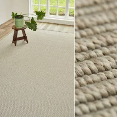 Hill n Dale Stone outdoor rug in a room, paired with a close-up of the ribbed weave