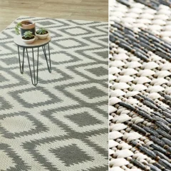 Diamond Grey outdoor rug beneath a hairpin side table, paired with a close-up of the weave