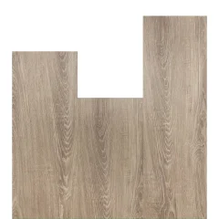 Persimmon vinyl planks in warm greige oak, arranged in a stepped layout on white
