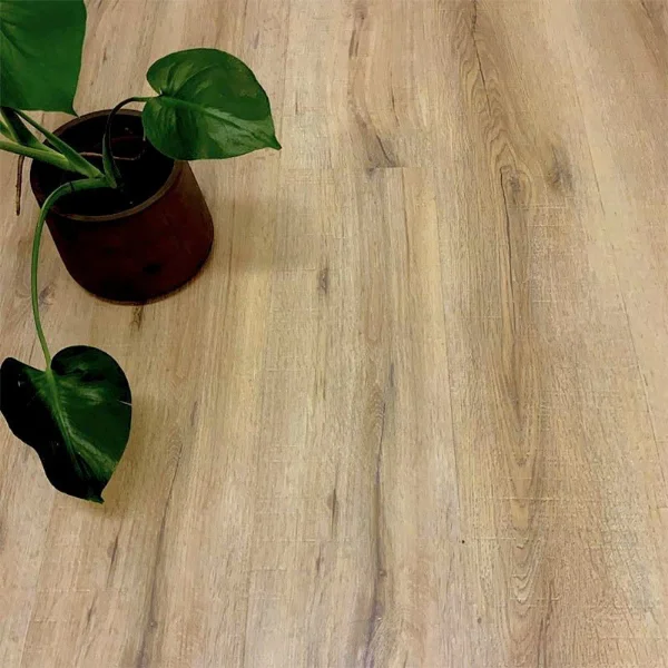 Musket vinyl plank flooring in warm grey-brown, with a potted plant trailing across one corner