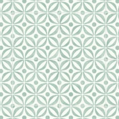 Serenity Seafoam vinyl shown flat, its four-petal geometric pattern in pale green on cream