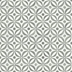 Serenity Grey vinyl shown flat, its four-petal geometric pattern in grey on cream