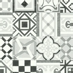 Curiosity vinyl shown flat, its black, white and grey patchwork tile pattern at full scale