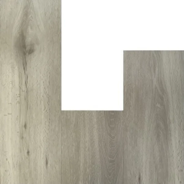 Gunslinger vinyl planks in warm greige oak, arranged in a stepped layout on white