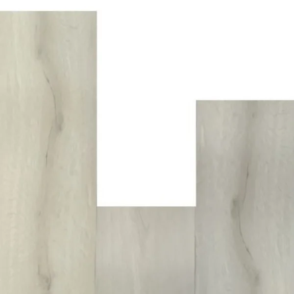Snowline vinyl planks in very pale whitewashed oak, arranged in a stepped layout on white