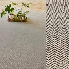 Arrow Stone outdoor rug with a tray of greenery, paired with a close-up of the weave