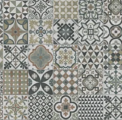 Heritage vinyl shown flat, its blue and grey patchwork tile pattern at full scale