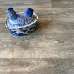 Sanctuary vinyl flooring with a blue and white ceramic bird and bowl standing on it