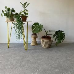 Stonehaven vinyl flooring in grey concrete with potted plants and a yellow hairpin stand