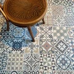Heritage patterned vinyl beneath a round rattan stool