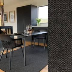 Arrow Ebony outdoor rug in a dining room, paired with a close-up of the weave
