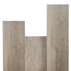Robberg vinyl planks in pale greige, arranged in a stepped layout on white