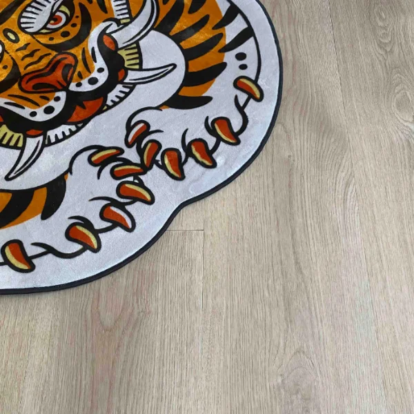 Wolfberg vinyl plank flooring in pale grey, with a round rug printed with a tiger illustration