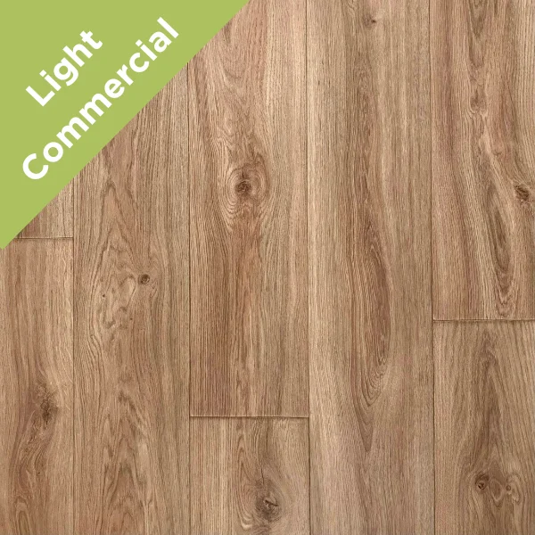 Ember vinyl shown flat in warm oak, with a Light Commercial badge