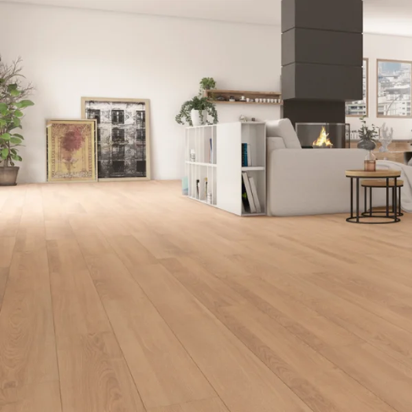 Bare Oak laminate in a bright white kitchen with a timber dresser and plants