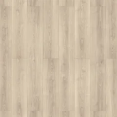 Ashen Oak laminate shown flat, its pale greige grain running the length of the board