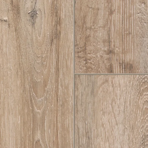 Wilder Rustic Oak laminate shown flat, a weathered grey-brown oak with open knots