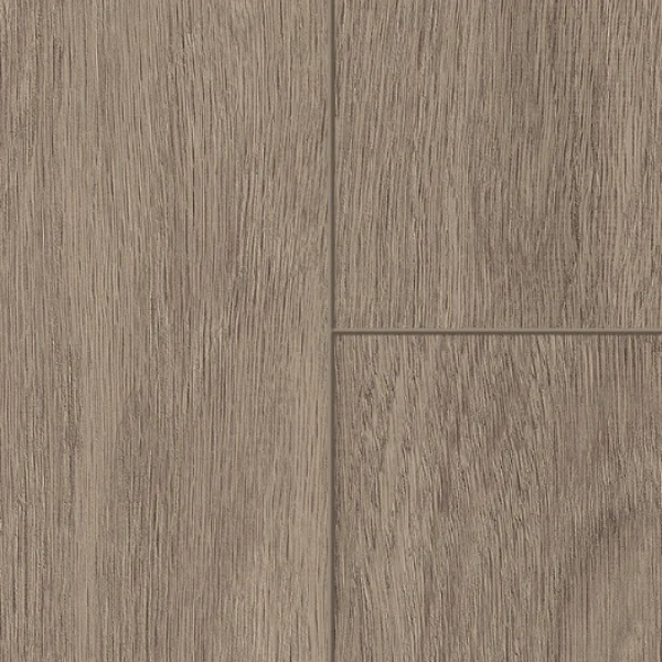 Close-up of two Cinder Oak laminate boards meeting, showing the bevelled joint