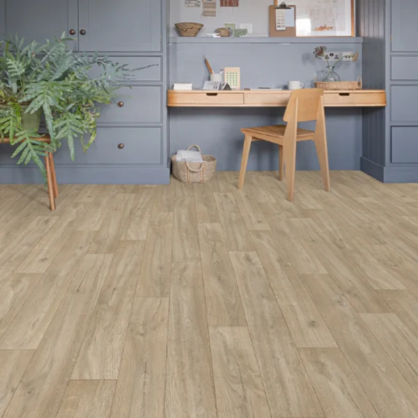 Dune Wood vinyl flooring in a study with blue-grey walls, a desk and chair