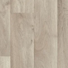 Beach Wood vinyl shown flat, wide planks in a pale grey-beige