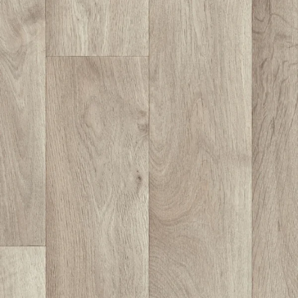 Beach Wood vinyl shown flat, wide planks in a pale grey-beige